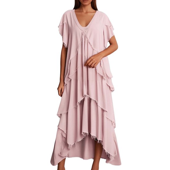 HJYCHN Elegant Women's V-Neck Sequin Slim Fit Casual Short Sleeve Dress with Modern Asymmetrical Hem Design Dress Grey S