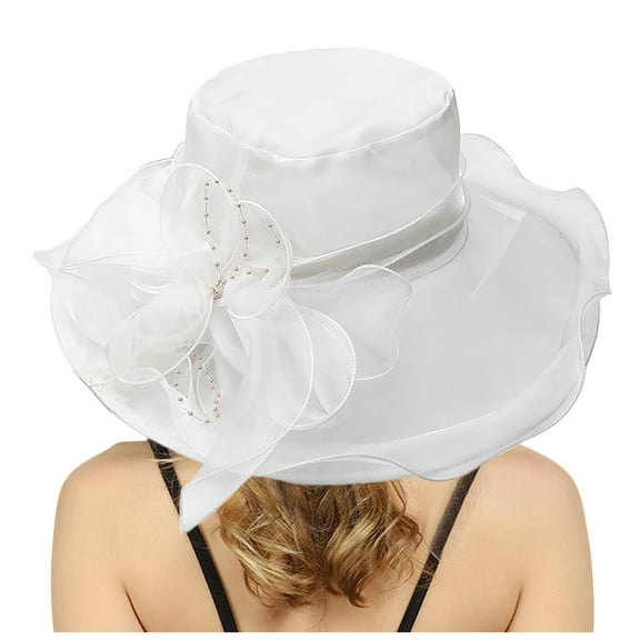 HJYCHN Elegant Womens Wide Brim Sun Hat Floral Design Summer Beach Wedding Dress Hat for Outdoor Occasions White One Size