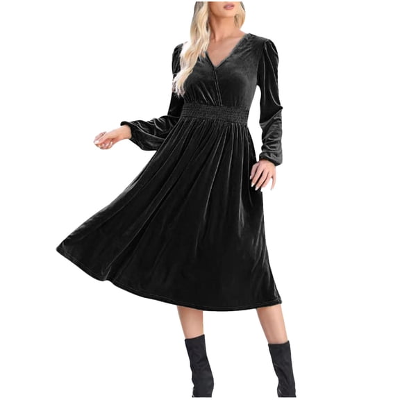 HJYCHN European Style V Neck Long Sleeve Wrinkled High Waist Casual Dress for Women Solid Color Outer Wear and Commuting Black S