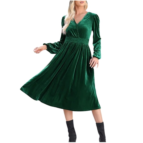HJYCHN European Style V Neck Long Sleeve Wrinkled High Waist Casual Dress for Women Solid Color Outer Wear and Commuting Green M