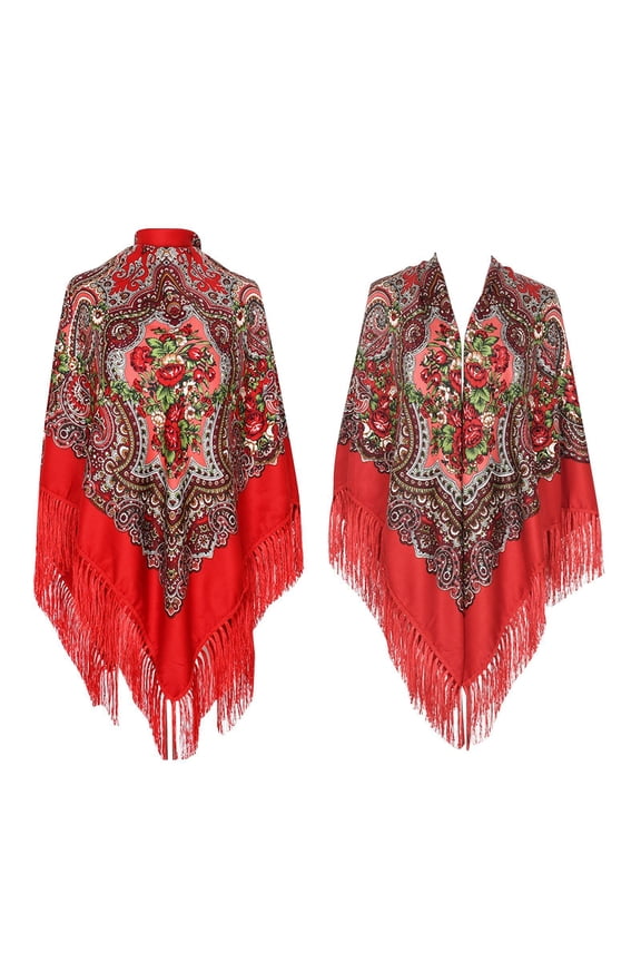 Extra Large 160cm Square Scarf with Printed Tassel Design for Autumn and Spring Seasons Red One Size
