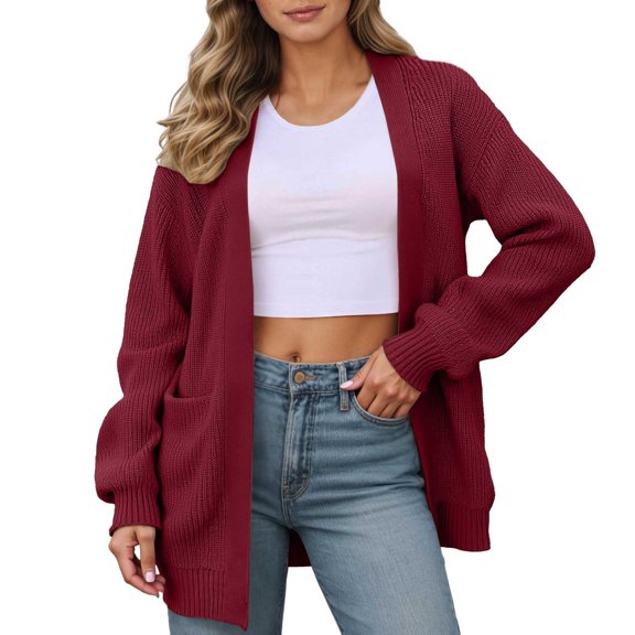 HJYCHN Fall and Winter Elegant Style Autumn Winter Knitted Cardigan Sweater Coat with Pockets and Fashion Design Sweater Wine M