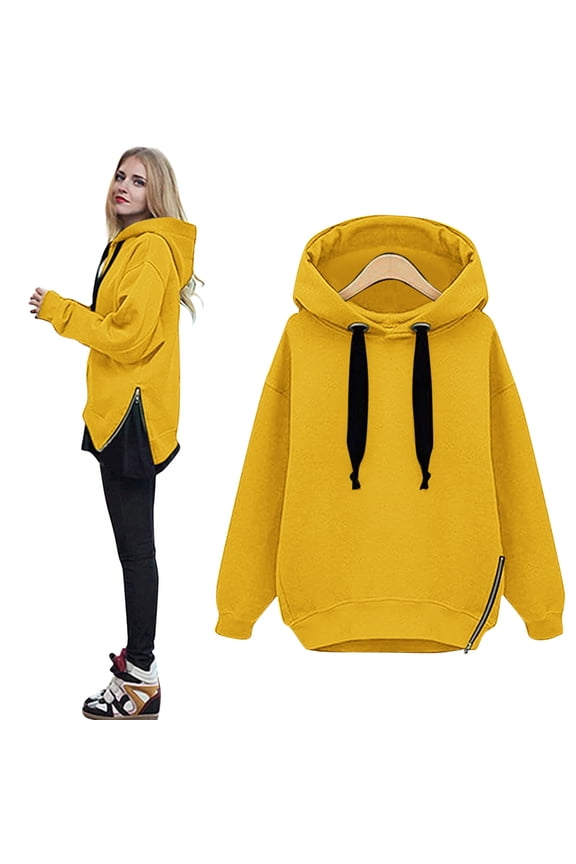 Fashion Coat for Women Hooded Jacket Fall Winter Warm with Pockets Drawstring Zipper Long Cardigan Yellow XXL