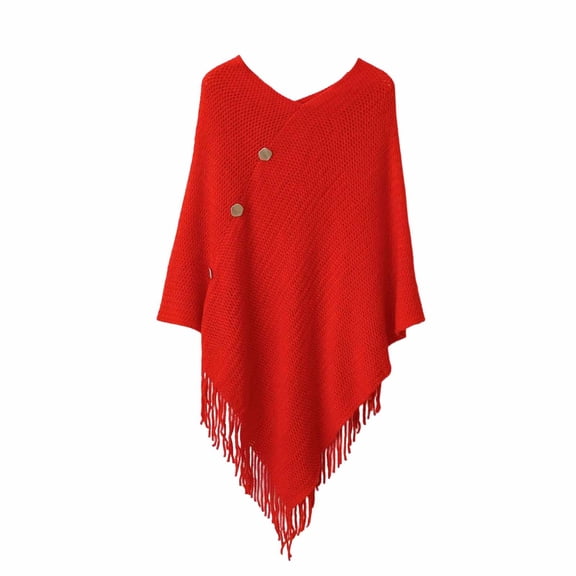 HJYCHN Fashion Versatile Fringe Button Knit Openwork Warm Shawl Wrap Cardigan Pullover Soft Lightweight Outerwear Layer Red One Size