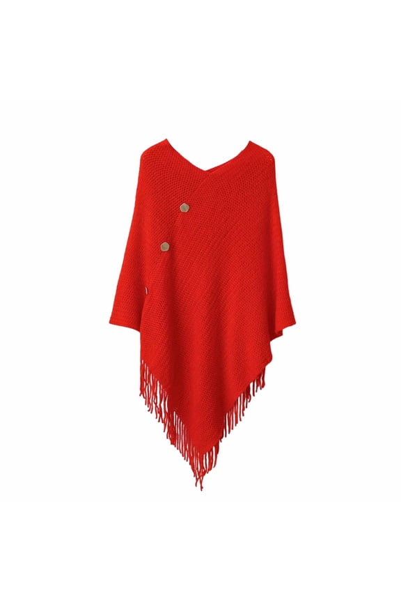 Fashion Versatile Fringe Button Knit Openwork Warm Shawl Wrap Cardigan Pullover Soft Lightweight Outerwear Layer Red One Size