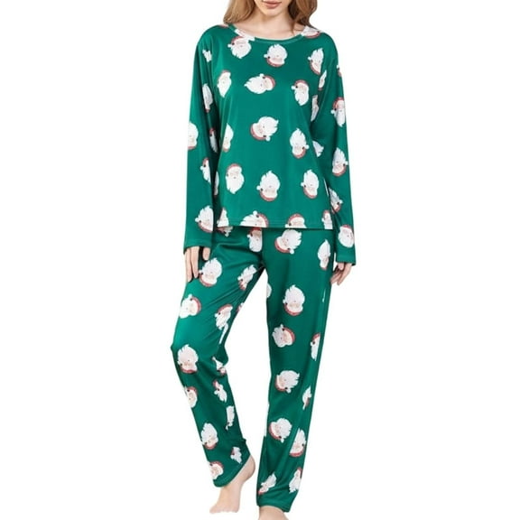 HJYCHN Festive Holiday Print Pajama Set Long Sleeve Top and Soft Pants Cozy Sleepwear for Women Family Matching Outfit Comfortable Loungewear Green S