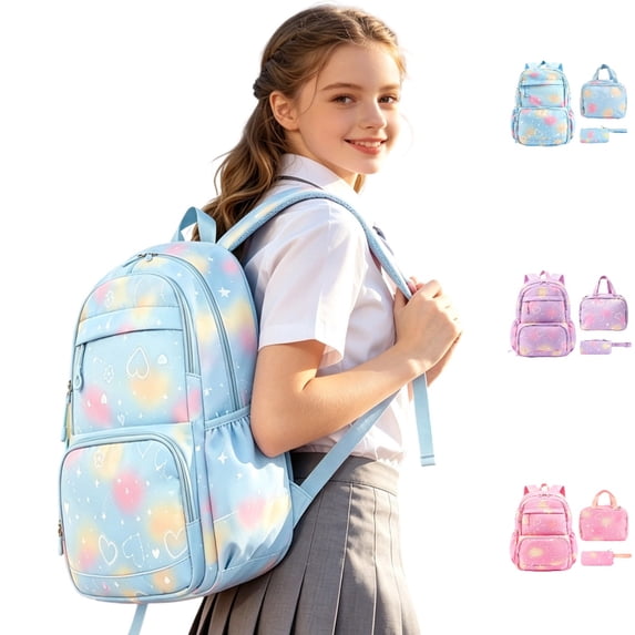HJYCHN Girl Backpack Gradient Heart Star Print 3Pc Set with Lunch Bag Pencil Case Back to School Supplies for Kids and Backpack for Boys Blue