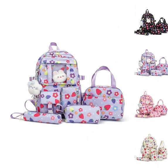 HJYCHN Girls Backpack Strawberry Floral Print 4Pc Set Daypack with Multi Pockets Charm Back to School Supplies for Kids Backpack for Boys Purple
