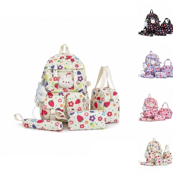 HJYCHN Girls Backpack Strawberry Floral Print 4Pc Set Daypack with Multi Pockets Charm Back to School Supplies for Kids Backpack for Boys White