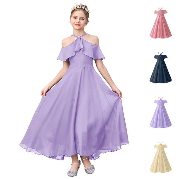 HJYCHN Girls Dress Halter Neck off Shoulder Chiffon Gown with Ruffled Sleeves for Dresses for Girls 10-11 Years