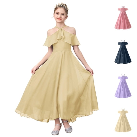 HJYCHN Girls Dress Halter Neck off Shoulder Chiffon Gown with Ruffled Sleeves for Dresses for Girls 7-8 Years
