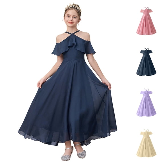 HJYCHN Girls Dress Halter Neck off Shoulder Chiffon Gown with Ruffled Sleeves for Dresses for Girls 9-10 Years