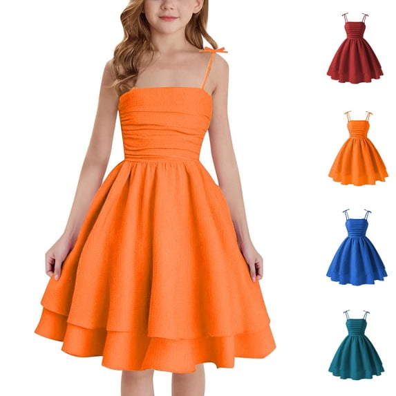 HJYCHN Girls Dresses Adjustable Spaghetti Strap A Line Dress with Double Layer Skirt for Back to School Outfits for Girls 8-9 Years