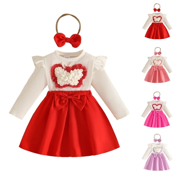 HJYCHN Girls Dresses Long Sleeve Bow Top and Skirt Two Piece Set with Headband for Toddler Dress 12-18 Months