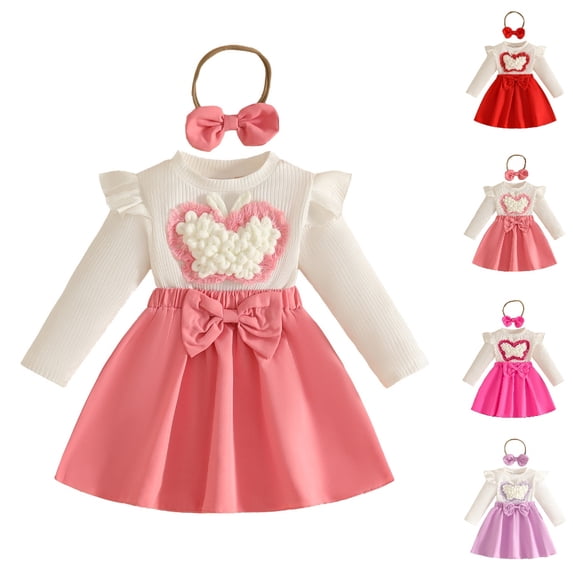 HJYCHN Girls Dresses Long Sleeve Bow Top and Skirt Two Piece Set with Headband for Toddler Dress 18-24 Months