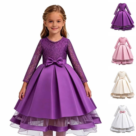 HJYCHN Girls Dresses Long Sleeve Lace Bodice Party Dress with Bow and Layered Tulle Skirt for Kids Dress 4-5 Years