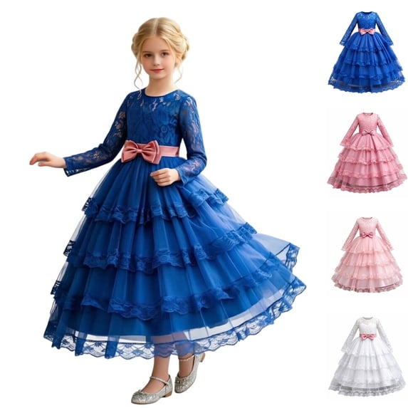 HJYCHN Girls' Dresses Long Sleeve Lace Tiered Gown with Floral Accents and Soft Sash for Kids Dress 11-12 Years