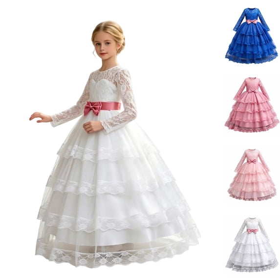 HJYCHN Girls' Dresses Long Sleeve Lace Tiered Gown with Floral Accents and Soft Sash for Kids Dress 13-14 Years