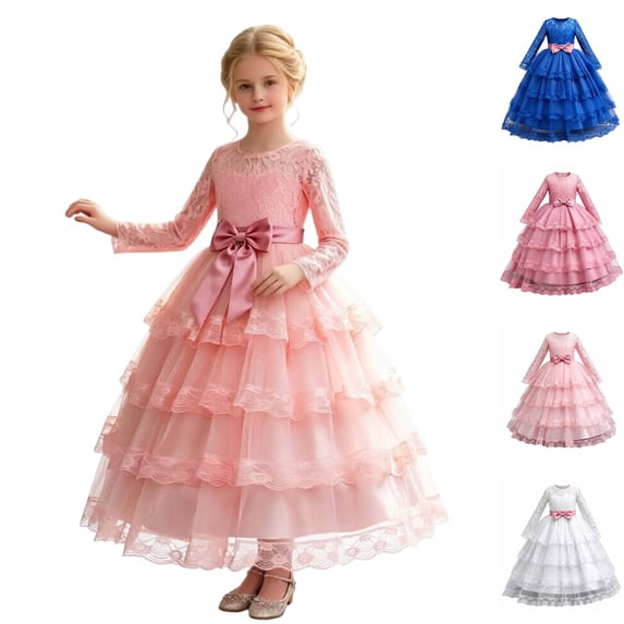 HJYCHN Girls' Dresses Long Sleeve Lace Tiered Gown with Floral Accents and Soft Sash for Kids Dress 13-14 Years