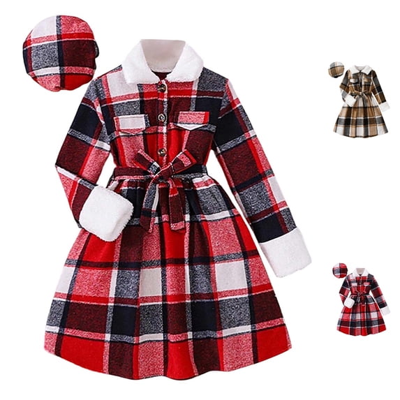 HJYCHN Girls Dresses Long Sleeve Plaid Dress with Detachable Hood and Matching Belt for Kids Dress 11-12 Years