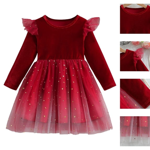 HJYCHN Girls Dresses Long Sleeve Star Print Mesh Princess Gown with Ruffled Shoulders for Toddler Dress 6-7 Years