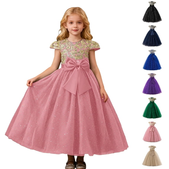 HJYCHN Girls' Dresses Short Sleeve Embroidered Long Formal Gown with Large Bow and Flowing Skirt for Girls Dress 12-13 Years