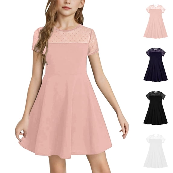 HJYCHN Girls Dresses Short Sleeve Mesh Stitching Dress with A Line Skirt for Back to School Clothes 10-12 Years