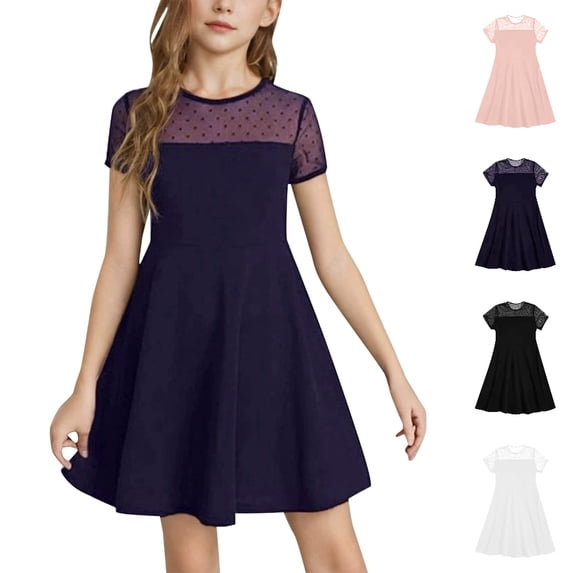 HJYCHN Girls Dresses Short Sleeve Mesh Stitching Dress with A Line Skirt for Back to School Clothes 14Years
