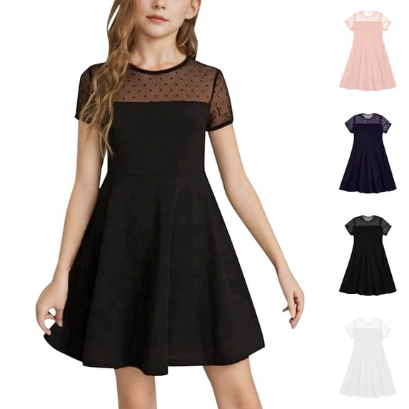 HJYCHN Girls Dresses Short Sleeve Mesh Stitching Dress with A Line Skirt for Back to School Clothes 5-6 Years