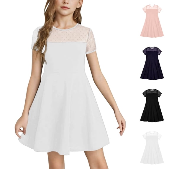HJYCHN Girls Dresses Short Sleeve Mesh Stitching Dress with A Line Skirt for Back to School Clothes 5-6 Years