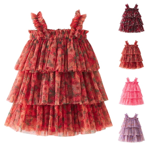 HJYCHN Girls Dresses Sleeveless Floral Print Tiered Mesh Dress with Ruffled Straps for Carnival Kids Dress 12-18 Months