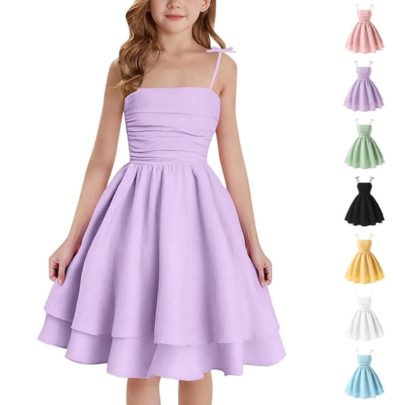 HJYCHN Girls Dresses Spaghetti Strap Double Layer Party Dress with Ruffled Hem for Back to School Clothes for Girls 12-13 Years