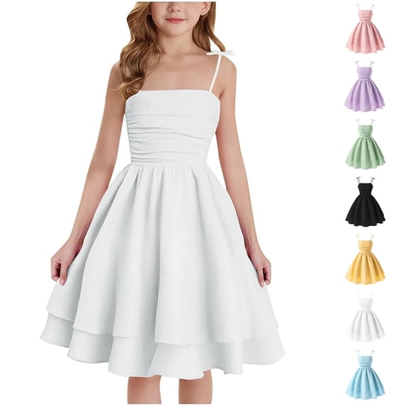 HJYCHN Girls Dresses Spaghetti Strap Double Layer Party Dress with Ruffled Hem for Back to School Clothes for Girls 13-14 Years