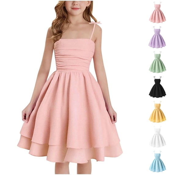 HJYCHN Girls Dresses Spaghetti Strap Double Layer Party Dress with Ruffled Hem for Back to School Clothes for Girls 15-16 Years