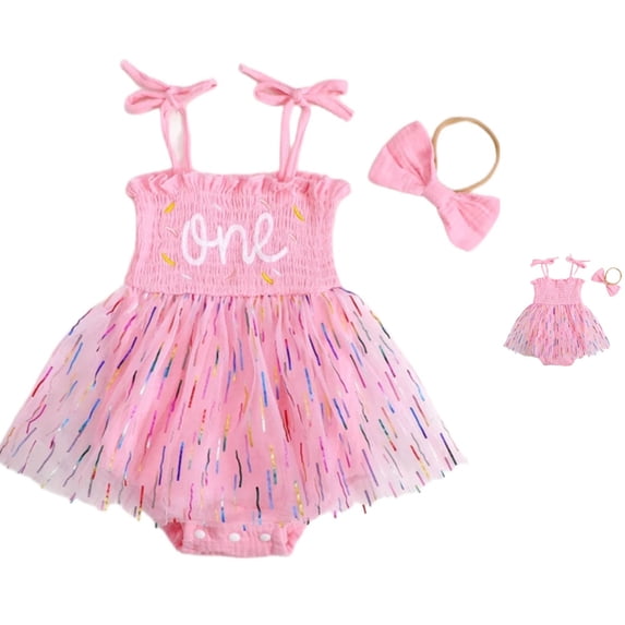 HJYCHN Girls Dresses Spaghetti Strap Mesh Romper Dress with Button Closure and Bow Hair Tie for Kids Dress 12-18Months