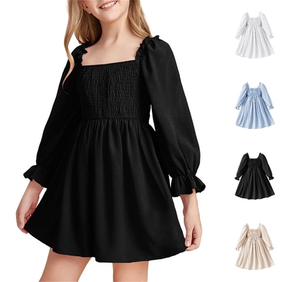 HJYCHN Girls Dresses Square Neck Puff Sleeve High Waist Dress with Ruffled Hem for Toddler Dress 3-4 Years