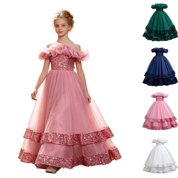 HJYCHN Girls' Dresses off Shoulder Long Layered Tutu Gown with Ruffled Neckline for Toddler Dress 11-12 Years