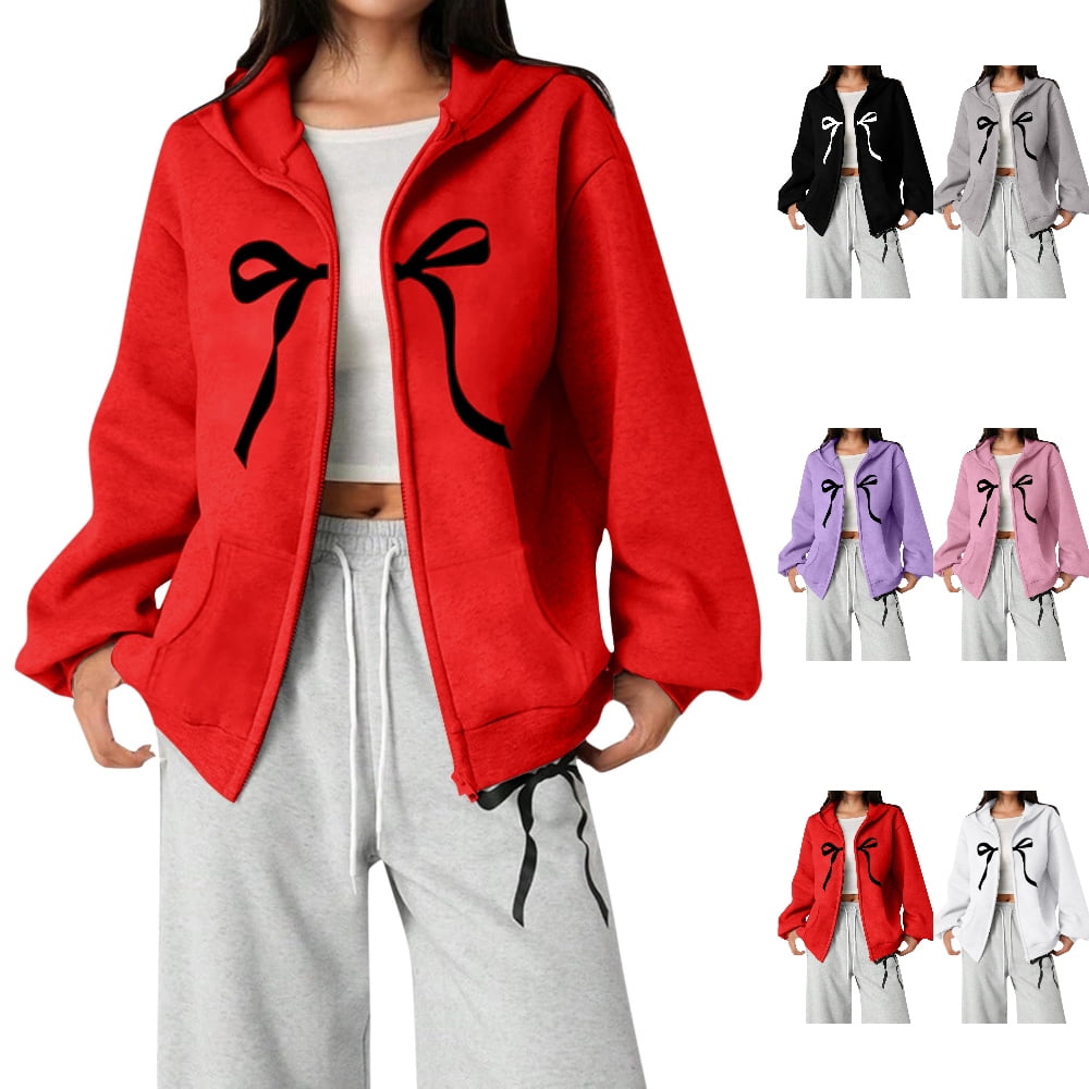HJYCHN Girls Zip up Hoodie with A Bow Outline Print and Front Pockets ...