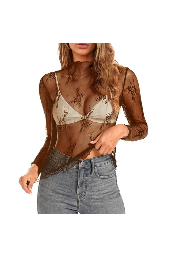 Going Out Tops for Women Mesh Long Sleeve Layering Top Neck Floral Embroidery Sheer See Through Tee Shirt Blouse Tops for Women 2026 Brown S