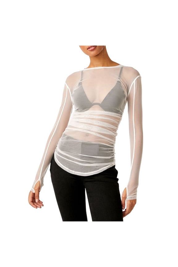 Going Out Tops for Women Mesh Long Sleeve Layering Top Neck Sheer See Through Tee with Side Ruffle Detail Womens Tops White S