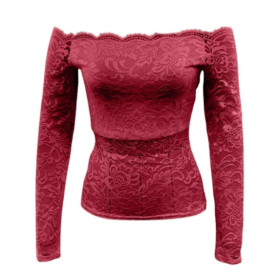 HJYCHN Going Out Tops for Women Off Shoulder Tops Floral Lace Long Sleeve Slim Fit Tops for Party Clubwear Womens Tops Red L
