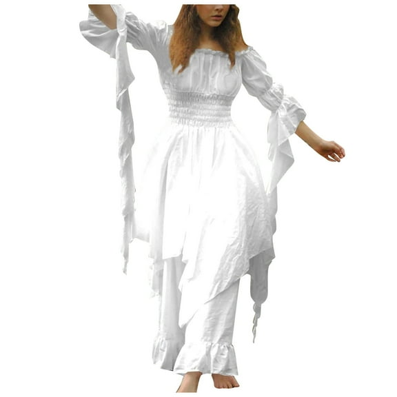 HJYCHN Gothic Trumpet Sleeve Corset Lace Up Irish Traditional Shirt Dress for Elegant Retro and Evening Wear White XXL