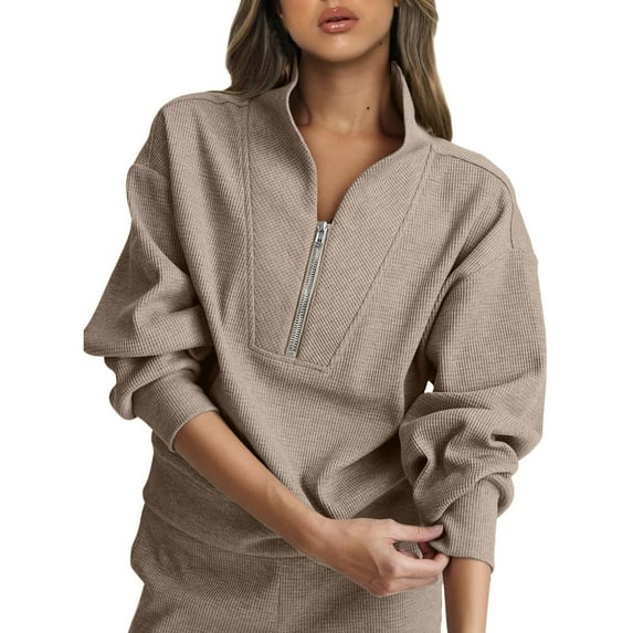 HJYCHN Greench Cute Pattern Women Round Neck Long Sleeve Solid Sweatshirt Casual Cute Loose Top Khaki M