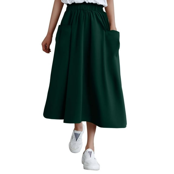HJYCHN High Waist A-line Midi Skirt with Solid Color Design and Elegant Flared Hem for Daily Work and Out Wear Green M