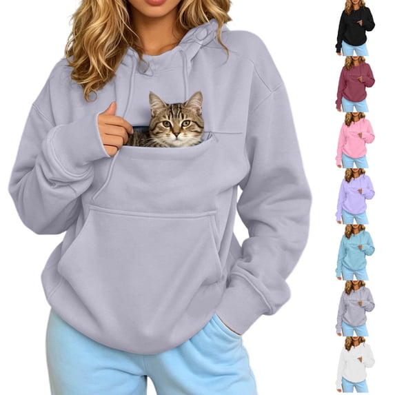HJYCHN Hoodies for Women Pullover Pet Pouch Drawstring Hood Long Sleeve Front Pocket Loose Drop Shoulder Solid Womens Hoodie M