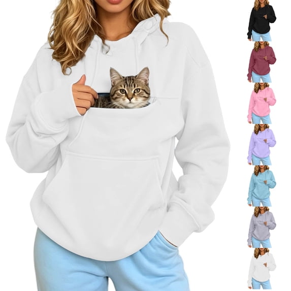 HJYCHN Hoodies for Women Pullover Pet Pouch Drawstring Hood Long Sleeve Front Pocket Loose Drop Shoulder Solid Womens Hoodie XXXL