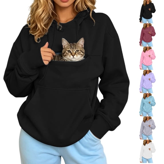 HJYCHN Hoodies for Women Pullover Pet Pouch Drawstring Hood Long Sleeve Front Pocket Loose Drop Shoulder Solid Womens Hoodie XXXL