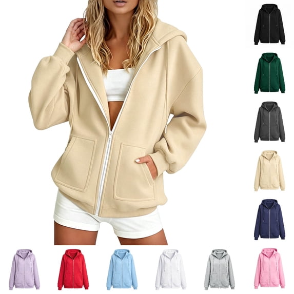 HJYCHN Hoodies for Women Solid Color Loose Fit Zip up Sweatshirts Hoodie Jacket with Pockets Long Sleeve Casual Sweatshirt for Women Khaki_002 S