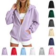 thumbnail image 1 of HJYCHN Hoodies for Women Solid Color Loose Fit Zip up Sweatshirts Hoodie Jacket with Pockets Long Sleeve Casual Sweatshirt for Women Purple_002 S, 1 of 4