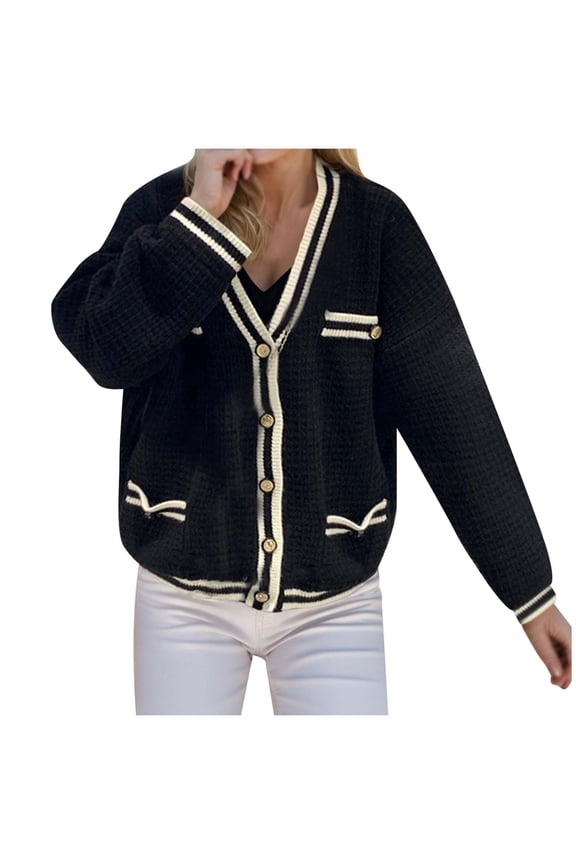 Jacket for Women Cropped Cardigan Sweaters Long Sleeve Elegant Pearl Button Down Knit Open Front V Neck Jacket Tops Winter Coats for Women Black One Size